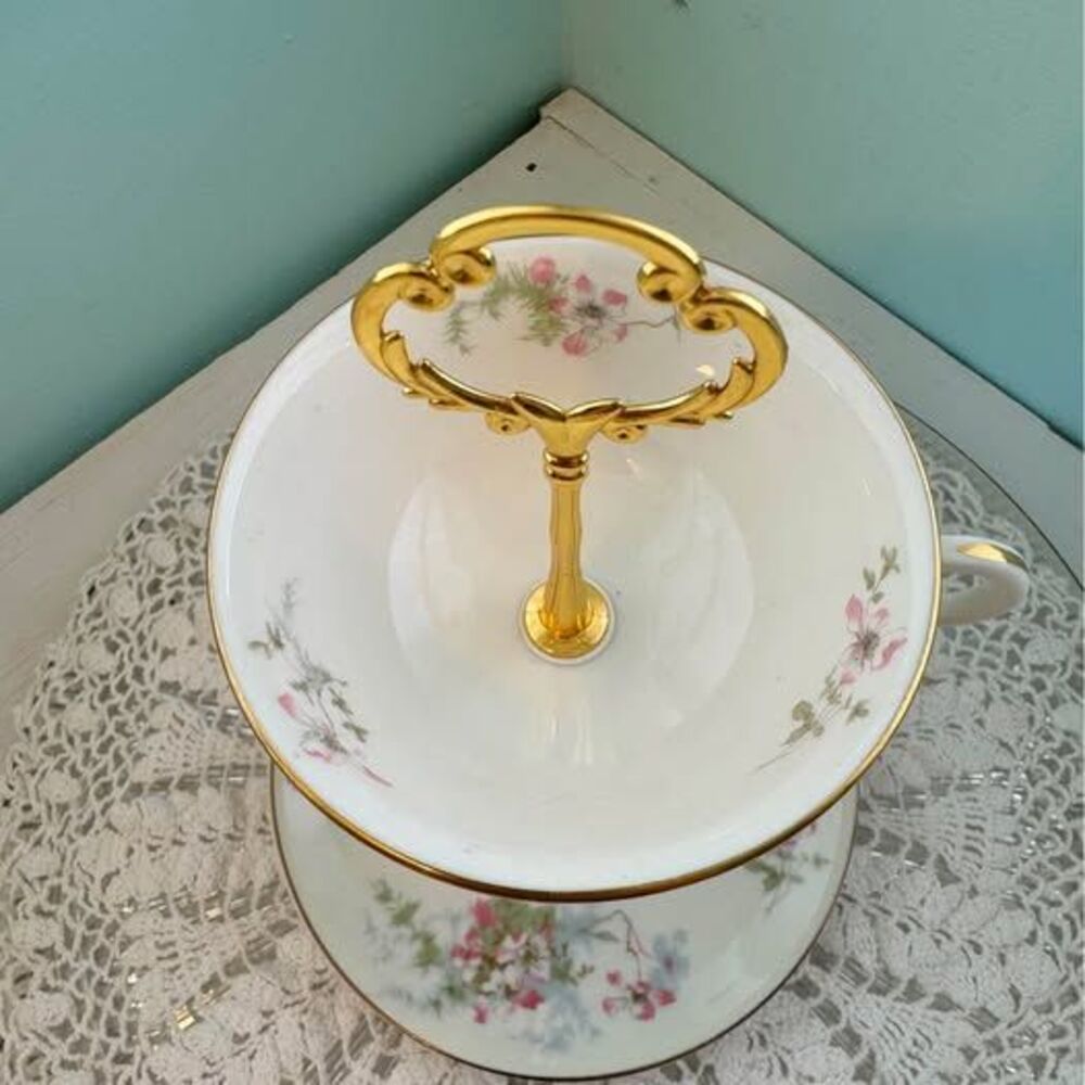 Two-Tier Decorative Theodore Haviland Apple Blossom Pattern Tea Cup Jewelry Tray - Picture 3 of 4